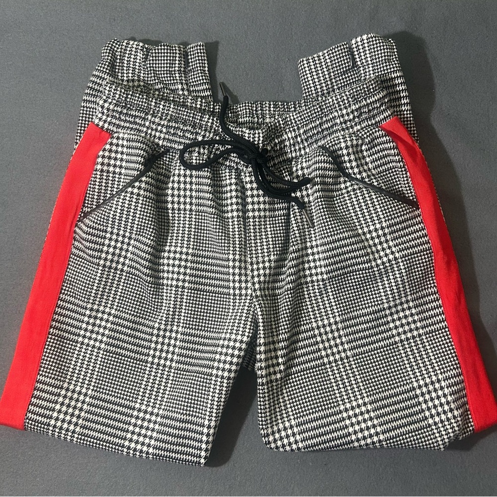 David Lerner Slim Track Jogger Vegan Trim Plaid in Black White Houndstooth XS